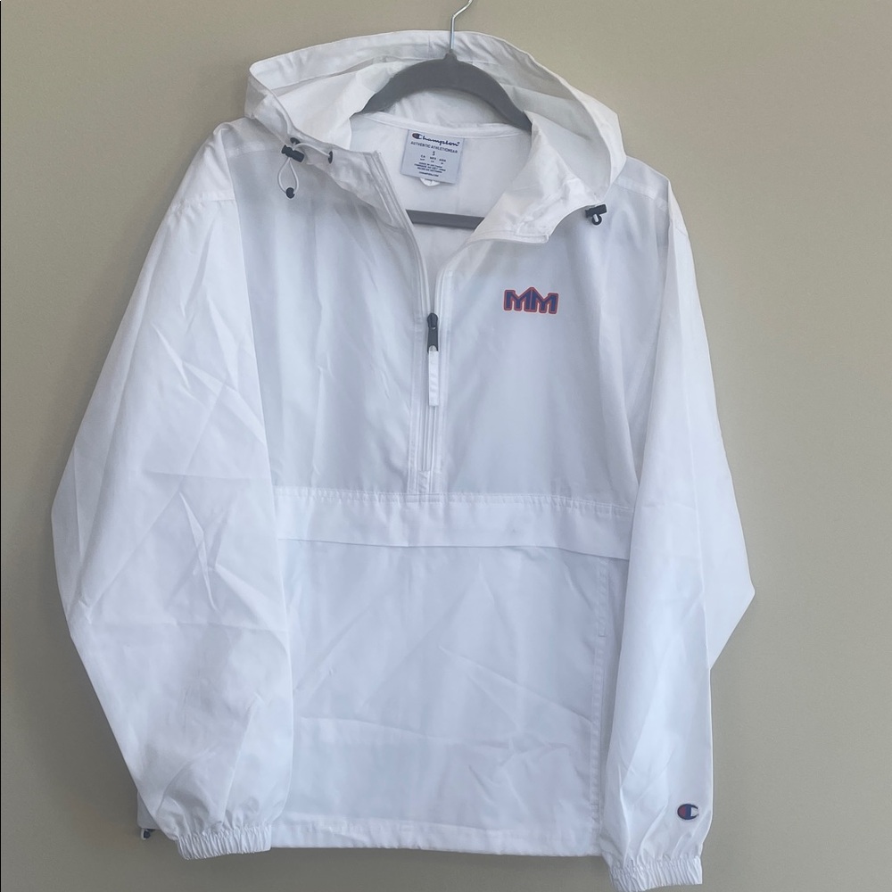 Champion White Hooded Wind Breaker Jacket. Cinch waist. Front zip pocket. unisex